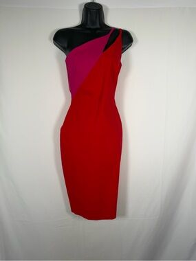 NWT Women’s Vesper bengaline contrast midi dress in red and pink One-Shoulder